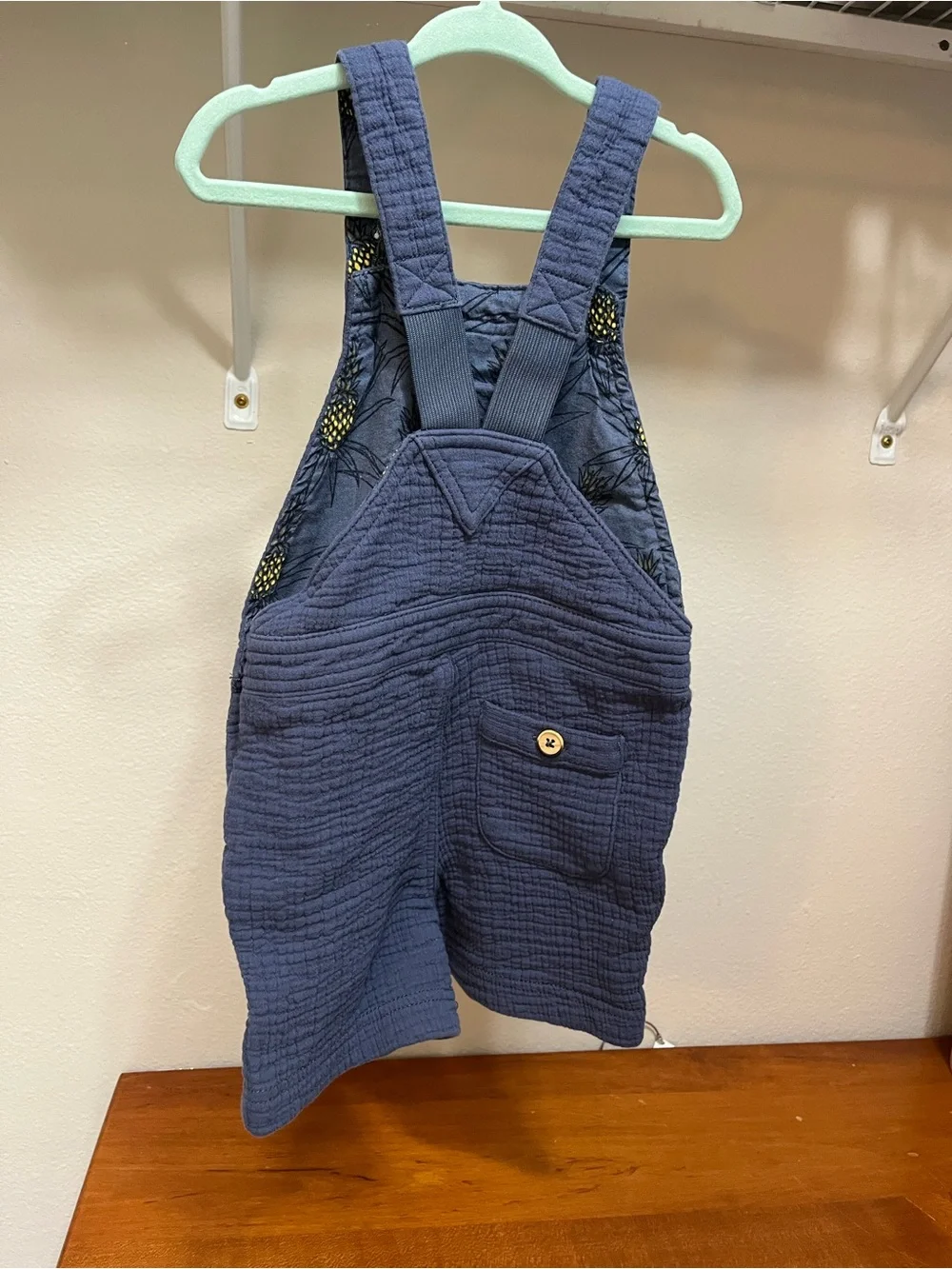 OshKosh Blue Gauze Overalls for Toddler. Pineapple print inside.